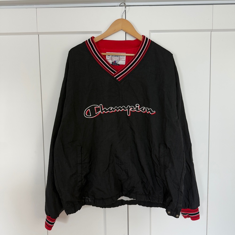 Mens Champion Pullover Windbreaker Large Black V-Neck Embroidered Logo